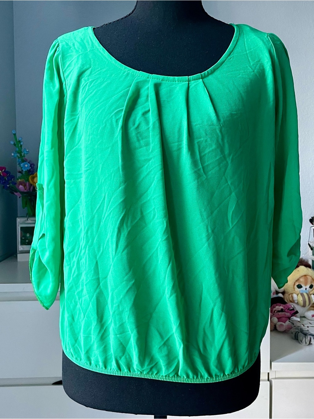 A'gaci Bright Pastel Green Chiffon-Like Cuffed Sleeves Blouse Top Women's Size S